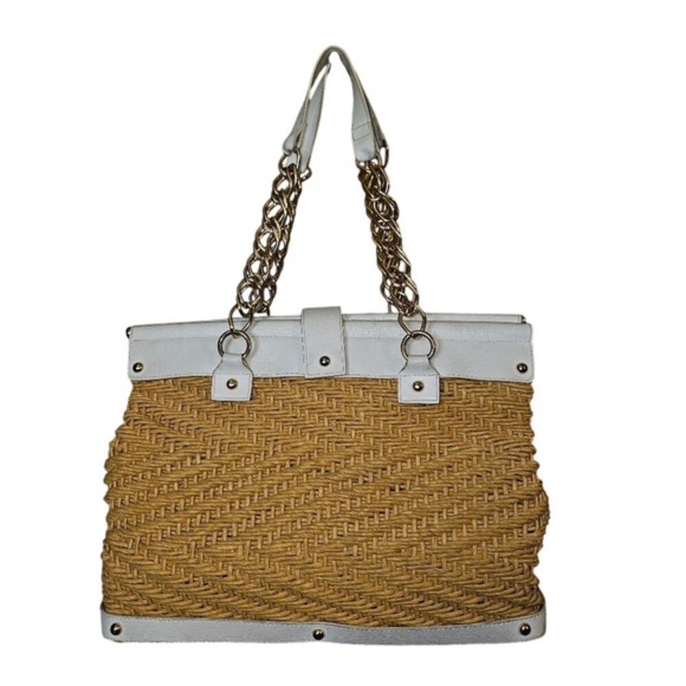 Woven Straw Tote with White Trim and Gold Chain Handles